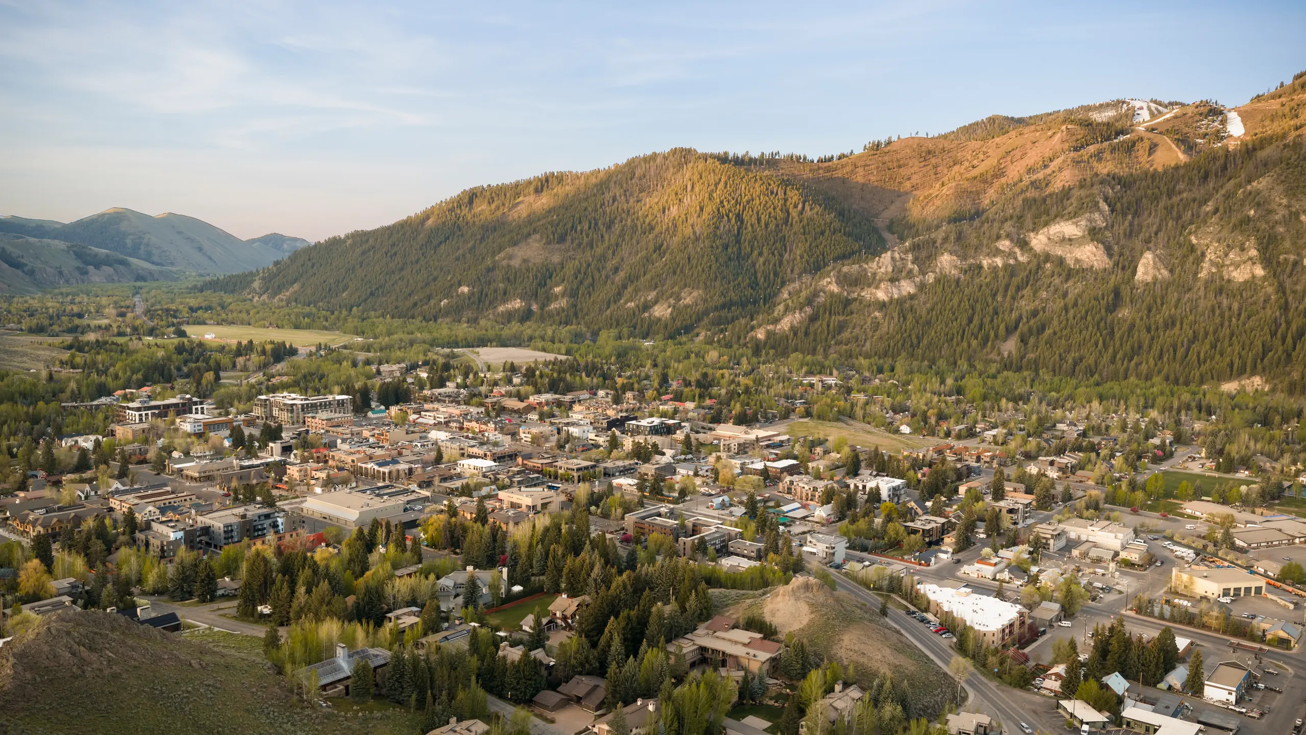 An aerial view of Ketchum and the surrounding mountains in the Wood River Valley.