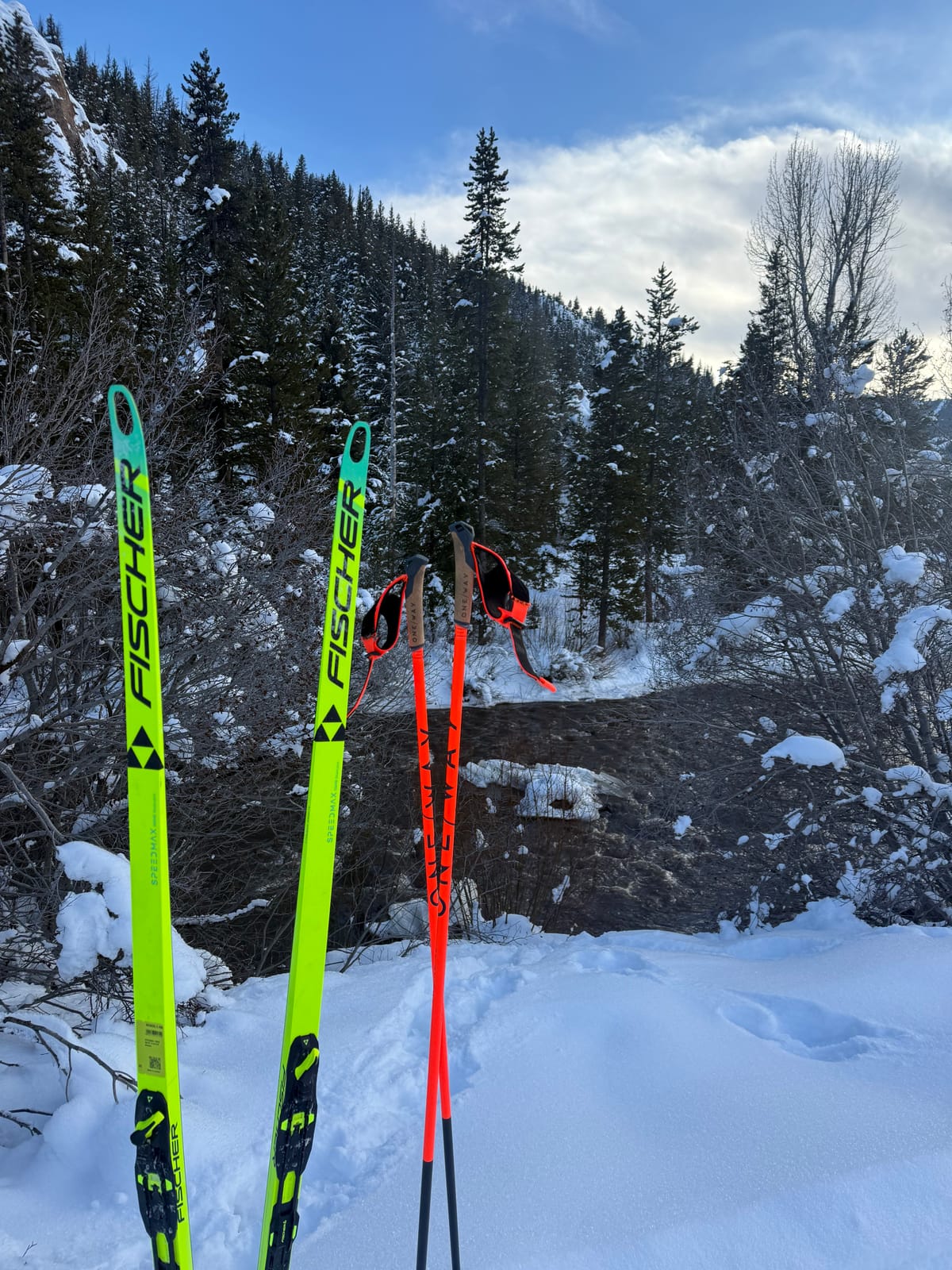 Bright green Nordic skis and red poles beside a creek surrounded by snow and evergreen trees.