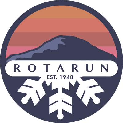 Rotarun Ski Area logo with a mountain, sunset and snowflake; established 1948.